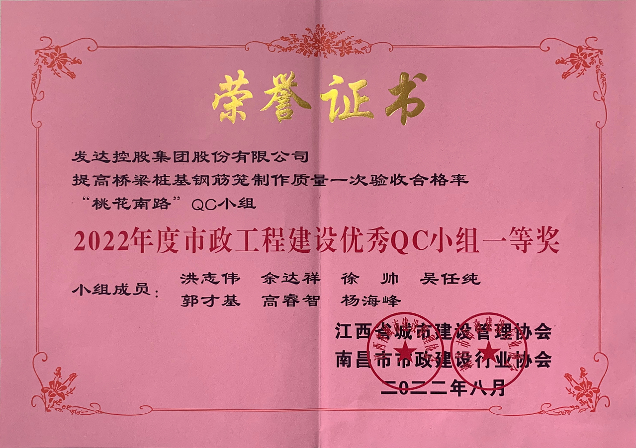 2022年度市政工程建設(shè)優(yōu)秀QC小組一等獎